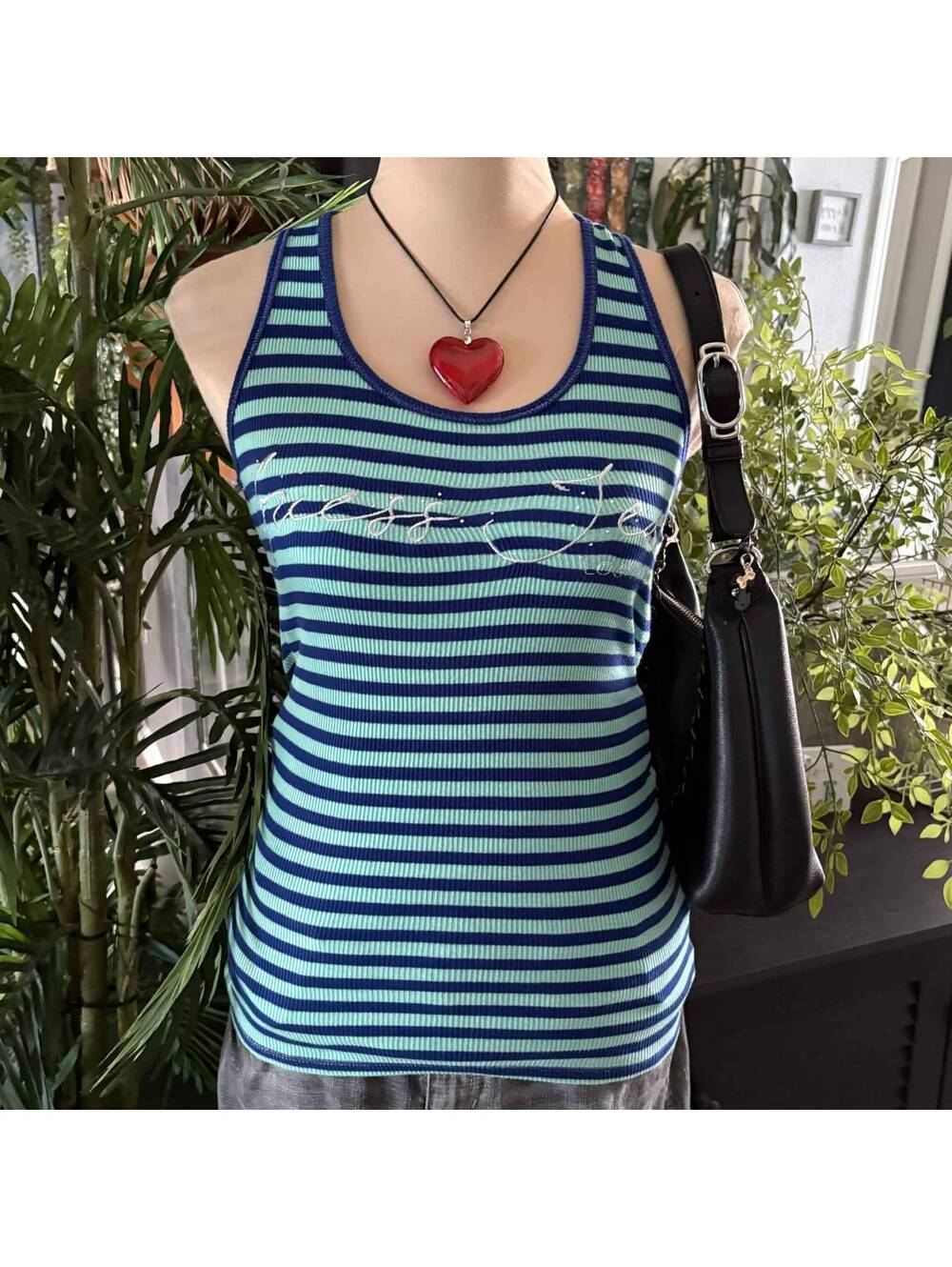 vintage y2k mcbling blue striped guess fitted tank top